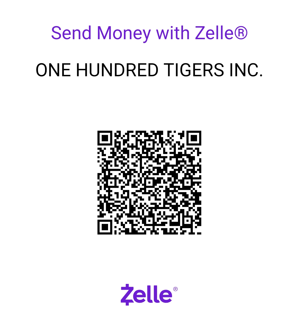 Zelle QR code for One Hundred Tigers Inc.